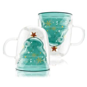 JASHII Glass Mugs Double Wall Glass Mug with Handle, Bear Cat Animal Double-layer Glass Mug Coffee Cup, Christmas Mug Gift,Cute Tea Milk Cup. - Christmas Tree