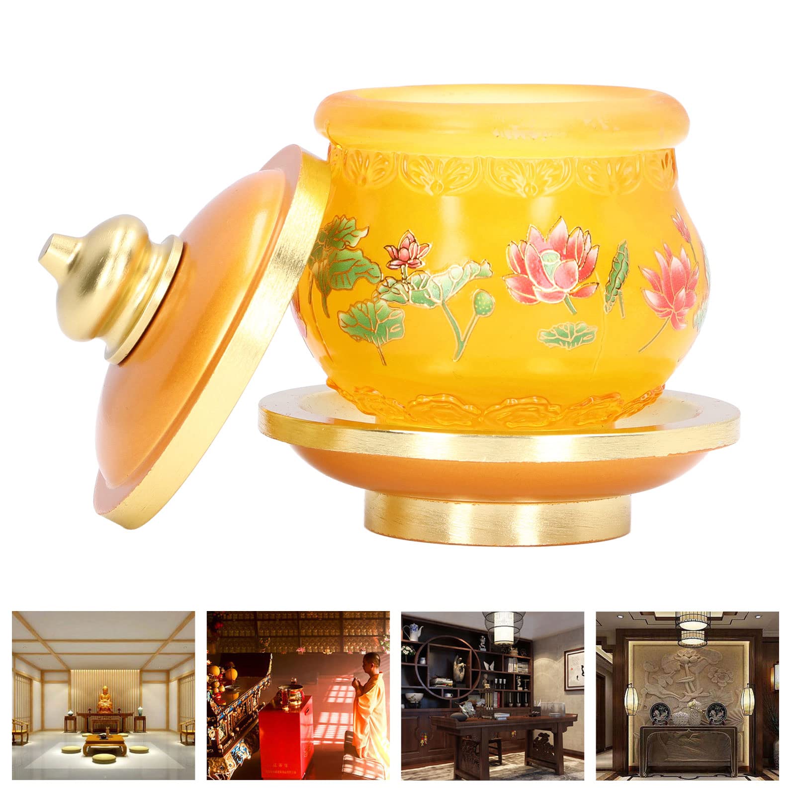 Altar Cup, Holy Water Offering Cup Buddhist Temple Water Bowl Buddhist Worship Cup Lotus Printed Offering Cup with Tray for Home, Temple