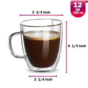 [12 Oz, 2Pack] Large Clear Glass Coffee Mugs Double Wall Insulated Glass Tea Cups with Handle Perfect Latte Cappuccino Heat Resistant , Dishwasher and Microwave Safe, 2 Count (Pack of 1)