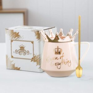 NA Crown Coffee mug, Queen of Everything Mug Perfect for Women, Cute Pink Ceramic Coffee Tea Mug with Crown Lid and Golden Spoon for Hot Cold Beverage, Gift for Women, (Navy), Navy Blue