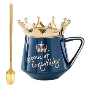 NA Crown Coffee mug, Queen of Everything Mug Perfect for Women, Cute Pink Ceramic Coffee Tea Mug with Crown Lid and Golden Spoon for Hot Cold Beverage, Gift for Women, (Navy), Navy Blue