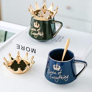 NA Crown Coffee mug, Queen of Everything Mug Perfect for Women, Cute Pink Ceramic Coffee Tea Mug with Crown Lid and Golden Spoon for Hot Cold Beverage, Gift for Women, (Navy), Navy Blue