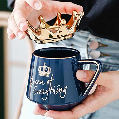 NA Crown Coffee mug, Queen of Everything Mug Perfect for Women, Cute Pink Ceramic Coffee Tea Mug with Crown Lid and Golden Spoon for Hot Cold Beverage, Gift for Women, (Navy), Navy Blue