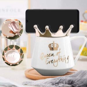 NA Crown Coffee mug, Queen of Everything Mug Perfect for Women, Cute Pink Ceramic Coffee Tea Mug with Crown Lid and Golden Spoon for Hot Cold Beverage, Gift for Women, (Navy), Navy Blue