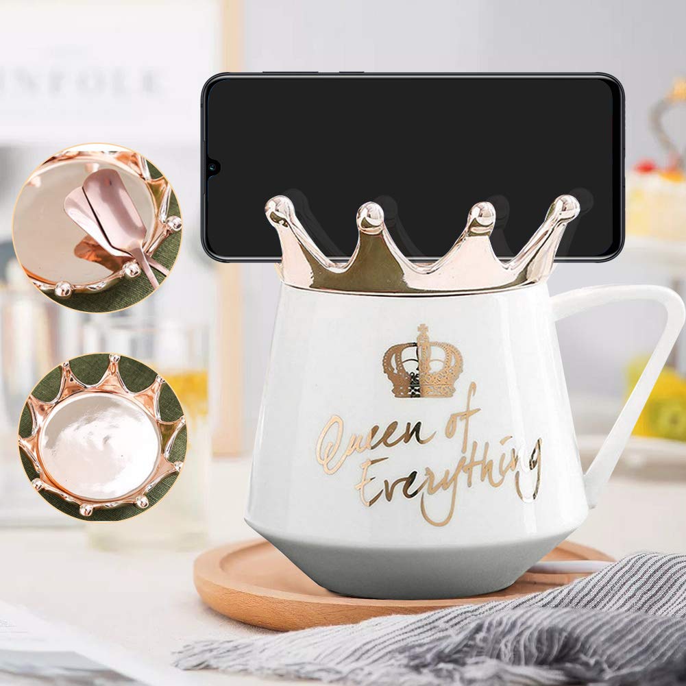 NA Crown Coffee mug, Queen of Everything Mug Perfect for Women, Cute Pink Ceramic Coffee Tea Mug with Crown Lid and Golden Spoon for Hot Cold Beverage, Gift for Women, (Navy), Navy Blue