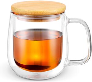 teaovo 250ml/8.5oz glass coffee & tea cup mug with wooden lid, double wall borosilicate glass latte espresso mug with insulated handle, dishwasher safe, 2 piece set (c6502)