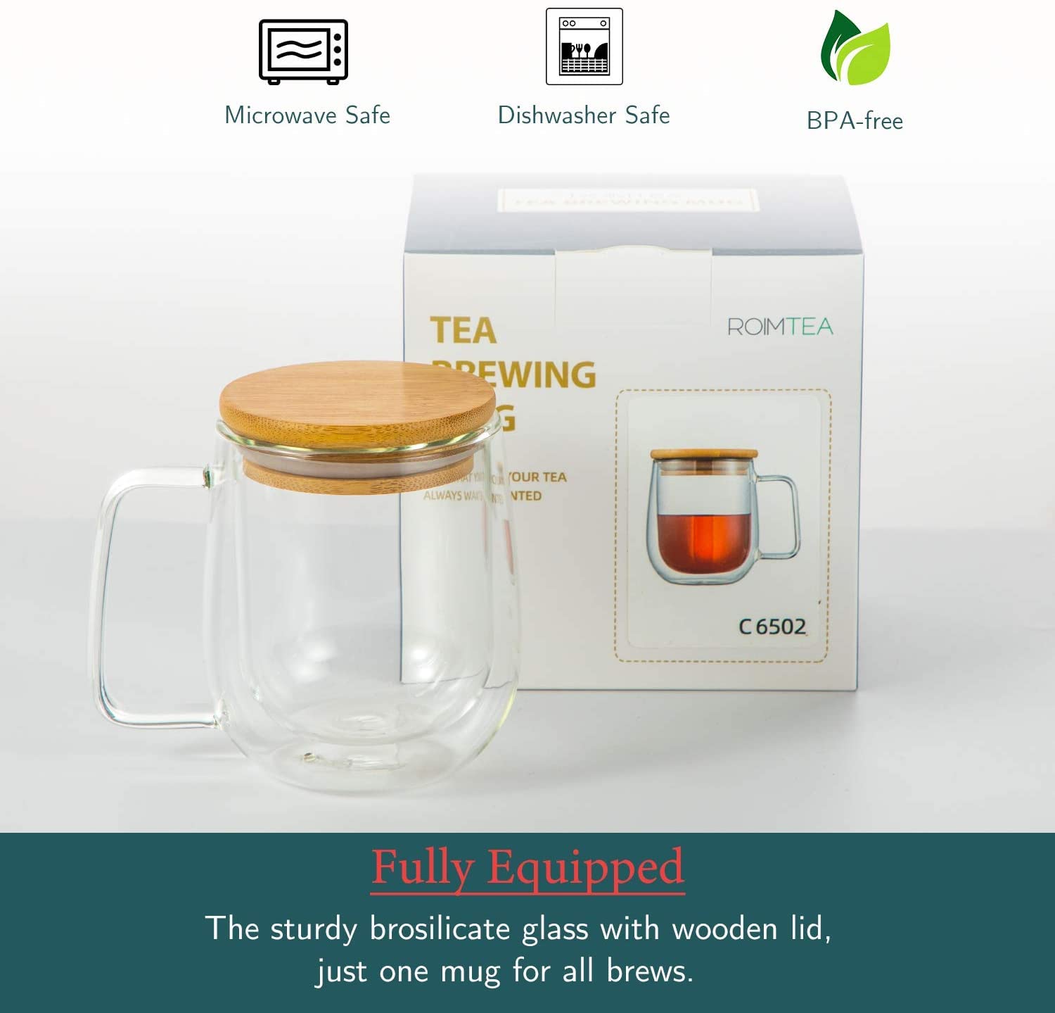 Teaovo 250ml/8.5oz Glass Coffee & Tea Cup Mug with Wooden Lid, Double Wall Borosilicate Glass Latte Espresso Mug with Insulated Handle, Dishwasher Safe, 2 Piece Set (C6502)