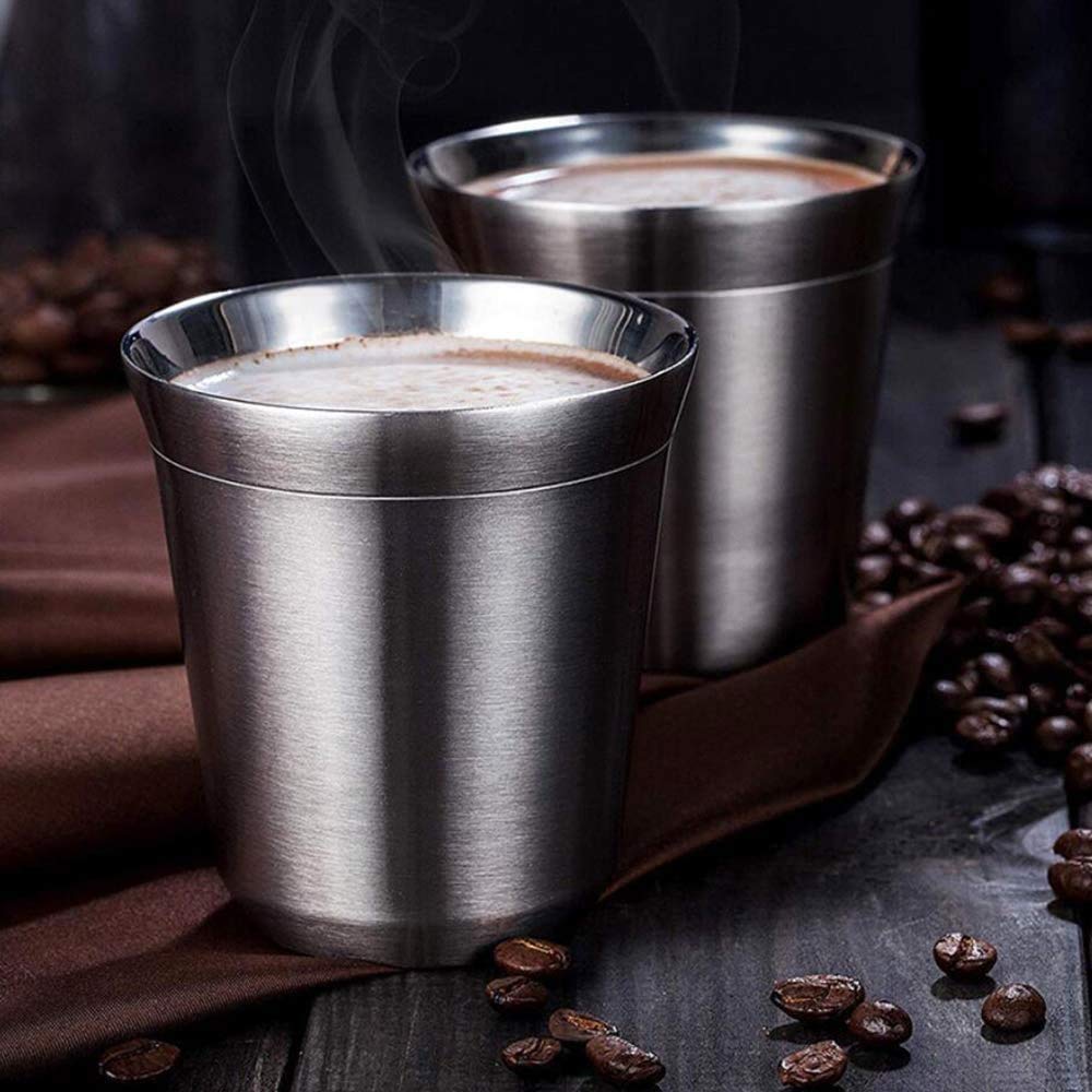 2 Pack Espresso Cups Stainless Steel Tea Cup Double Wall Coffee Mugs Cappuccino Cups for Drinking Tea Coffee Hot Soup (160ML)