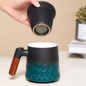 ZENS Tea Cup with Infuser and Lid, Wood Handle Loose Leaf Tea Steeper Mug, 16.9 Ounces Gradient Embossed Large Ceramic Tea Stainer Mug for Gifts, Black & Green