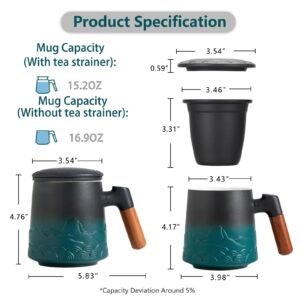 ZENS Tea Cup with Infuser and Lid, Wood Handle Loose Leaf Tea Steeper Mug, 16.9 Ounces Gradient Embossed Large Ceramic Tea Stainer Mug for Gifts, Black & Green