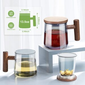 SUSTEAS Tea Cup with Infuser 13.5oz/400ml Glass Tea Mug with Lid - Gray Teacup with Wooden Handle for Tea Steeping at Home and Office, Housewarming & Birthday Gift