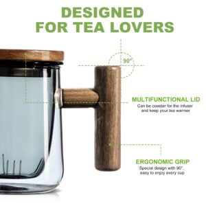 SUSTEAS Tea Cup with Infuser 13.5oz/400ml Glass Tea Mug with Lid - Gray Teacup with Wooden Handle for Tea Steeping at Home and Office, Housewarming & Birthday Gift