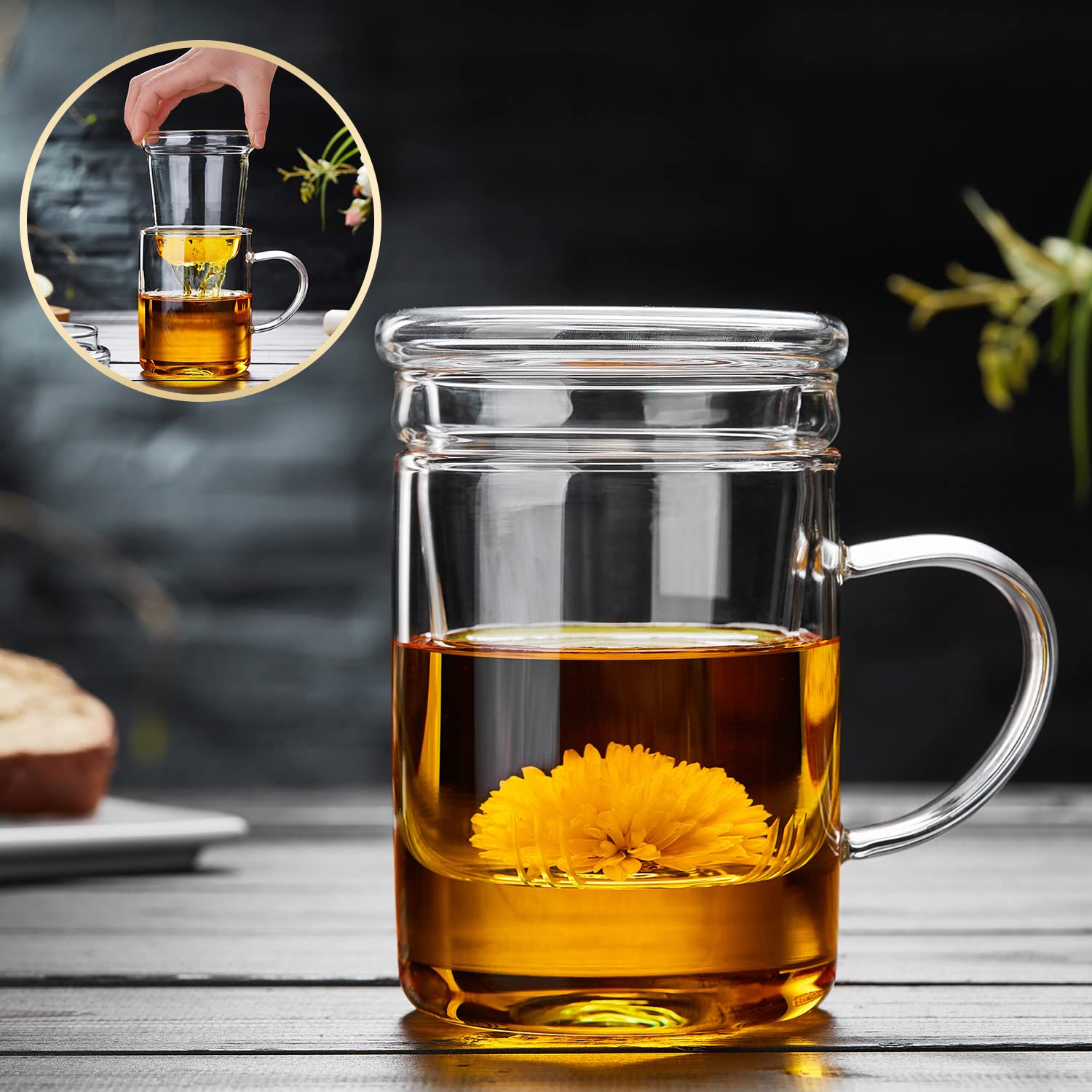 Unbreakable Glass Tea Cup with Infuser and Lid 500ml/17oz Glass Tea Infuser Mug Heat Resistant Silicate Glass Teacup with Strainer for Loose Leaf Blooming Tea Bag Gas Stovetop Safe