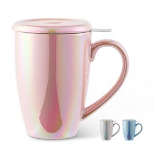jemirry tea cup with infuser and lid, ceramic cup with lid, tea cup tea mug for tea lover, porcelain tea strainer cup, tea infuser cup with infuser basket and lid - pink