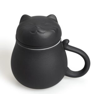 ceramic tea mug with infuser and lid cute lucky cat design coffee mug with lid ceramic tea cup with filter for steeping loose leaf (black)