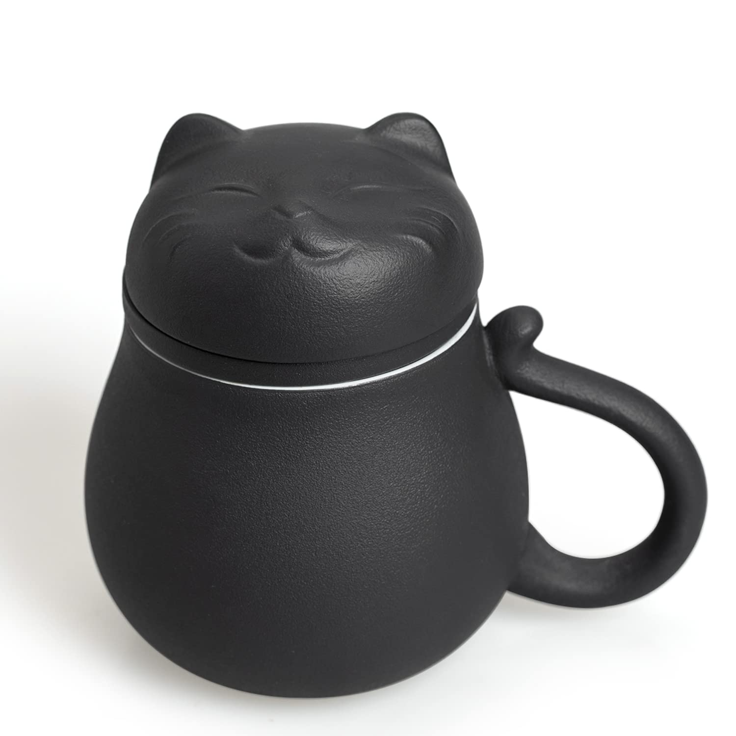 Ceramic Tea Mug with Infuser and Lid Cute Lucky Cat Design Coffee Mug with Lid Ceramic Tea Cup with Filter for Steeping Loose Leaf (Black)