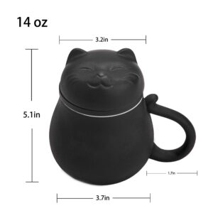 Ceramic Tea Mug with Infuser and Lid Cute Lucky Cat Design Coffee Mug with Lid Ceramic Tea Cup with Filter for Steeping Loose Leaf (Black)