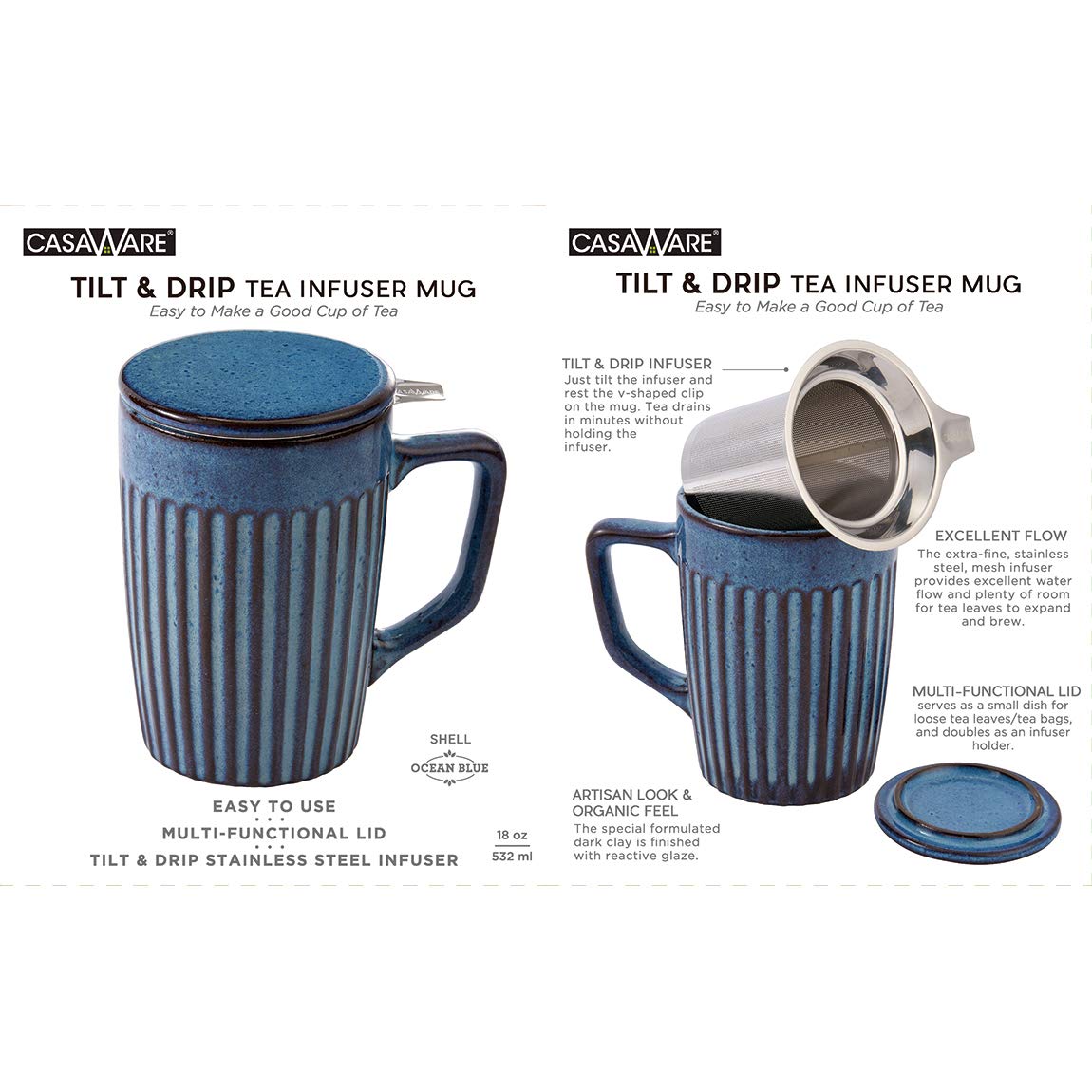 casaWare Shell 18-Ounce Tilt & Drip Tea Infuser Mug (Ocean Blue)