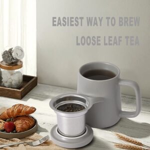 Tea Te Ching Ceramic Tea Cup - 16 Oz Tea Mug with Infuser and Lid | Stainless Steel Tea Strainer for Steeping Loose Leaf Tea | Elegant Tea Infuser Mug | Coffee Cups with a Beautiful Gift Box, Grey