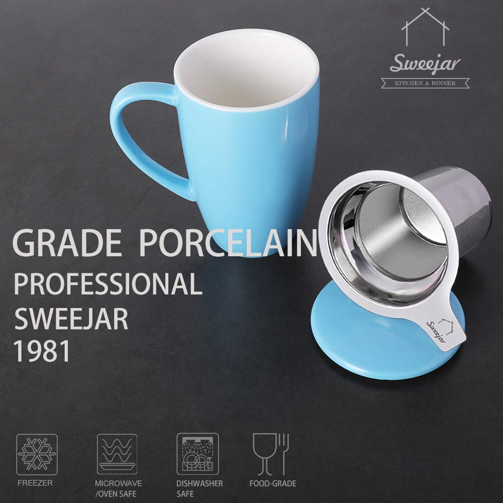 Sweejar Porcelain Tea Mug with Infuser and Lid,Teaware with Filter, Loose Leaf Tea Cup Steeper Maker, 16 Fl Oz for Tea/Coffee/Milk/Women/Office/Home/Gift (Steel Blue)