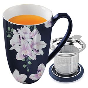 immaculife tea cup with infuser and lid for steeping loose leaf tea bag coffee milk women office home gift 16oz navy floral print