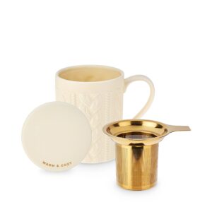 pinky up annette ceramic tea mug and loose leaf tea infuser, loos leaf tea accessories, tea tumbler cup, knit design, 12 oz