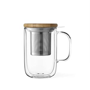 viva minima double wall glass balance tea mug with mesh infuser and wood lid- 500 ml / 17 oz