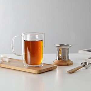 VIVA Minima Double Wall Glass Balance Tea Mug with Mesh Infuser and Wood Lid- 500 ml / 17 oz