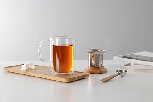 VIVA Minima Double Wall Glass Balance Tea Mug with Mesh Infuser and Wood Lid- 500 ml / 17 oz