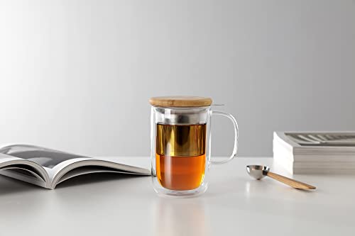 VIVA Minima Double Wall Glass Balance Tea Mug with Mesh Infuser and Wood Lid- 500 ml / 17 oz