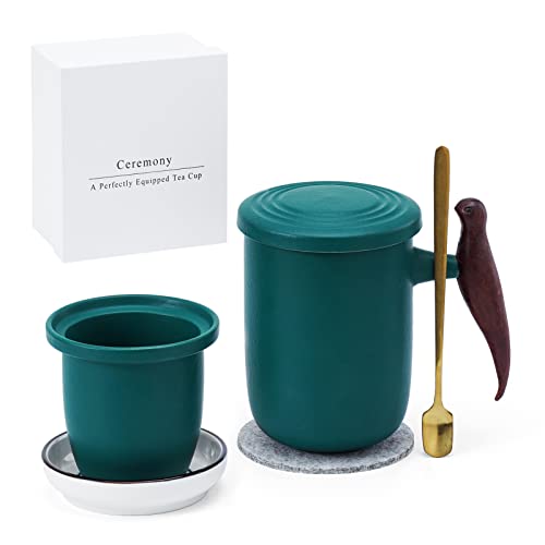 CEREMONY Ceramic Tea Mug,Tea Infuser Mug with Wood Handle,Tea Cup with Infuser and Lid for Loose Leaf Tea 13.5oz Green