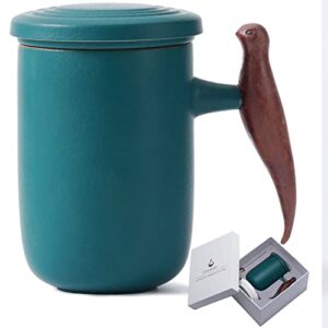 ceremony ceramic tea mug,tea infuser mug with wood handle,tea cup with infuser and lid for loose leaf tea 13.5oz green