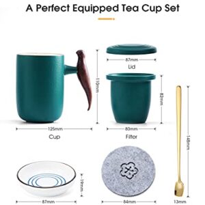 CEREMONY Ceramic Tea Mug,Tea Infuser Mug with Wood Handle,Tea Cup with Infuser and Lid for Loose Leaf Tea 13.5oz Green