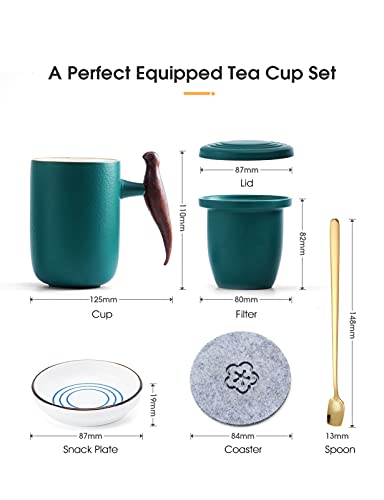 CEREMONY Ceramic Tea Mug,Tea Infuser Mug with Wood Handle,Tea Cup with Infuser and Lid for Loose Leaf Tea 13.5oz Green