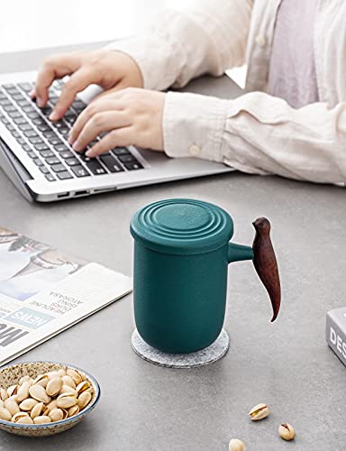 CEREMONY Ceramic Tea Mug,Tea Infuser Mug with Wood Handle,Tea Cup with Infuser and Lid for Loose Leaf Tea 13.5oz Green