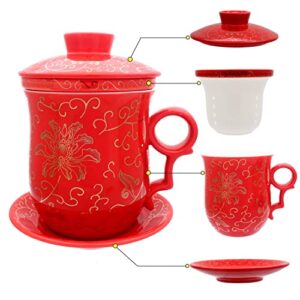 Tea Talent Porcelain Tea Cup with Infuser Lid and Saucer Sets - Chinese Jingdezhen Ceramics Coffee Mug Teacup Loose Leaf Tea Brewing System for Home Office