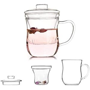 400ml Thickened Glass Tea Mug with Lid and Infuser, Transparent Heat-resistant High Borosilicate Glass Flower Tea Cup Office Milk Cups Coffee Mugs (400ml)