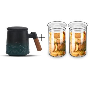 zens tea cup with infuser and lid, 16.8 ounce gradient black & green ceramic loose leaf tea mug glass 37oz airtight kitchen canisters of 2