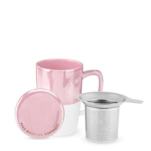 pinky up delia ceramic tea mug and loose leaf tea infuser, loose leaf tea accessories, tea tumbler cup, pink, 18 oz.