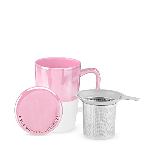 Pinky Up Delia Ceramic Tea Mug and Loose Leaf Tea Infuser, Loose Leaf Tea Accessories, Tea Tumbler Cup, Pink, 18 oz.