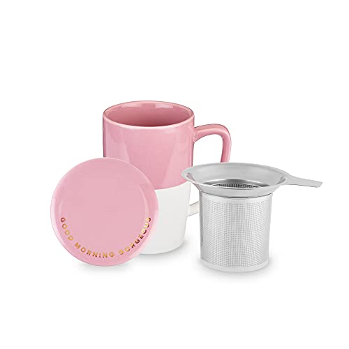 Pinky Up Delia Ceramic Tea Mug and Loose Leaf Tea Infuser, Loose Leaf Tea Accessories, Tea Tumbler Cup, Pink, 18 oz.