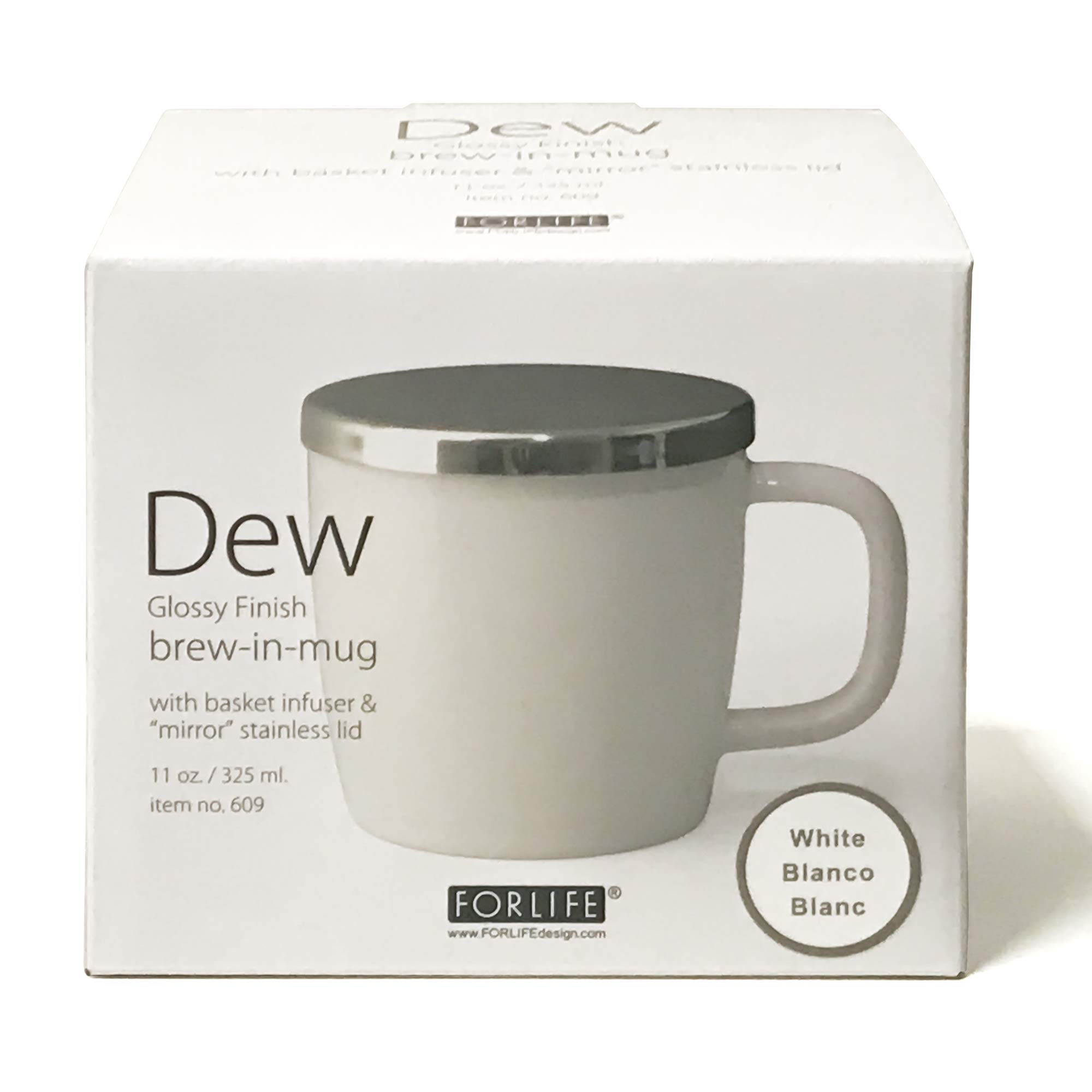 FORLIFE Dew Glossy Finish Brew-In-Mug with Basket Infuser &"Mirror" Stainless Lid 11 oz. (White)