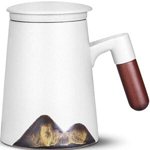 enjohos wooden handle tea mug japanese style large ceramic tea cup with infuser and lid, fine porcelain infuser mug for work life gift (14 oz, matte white)