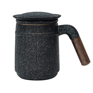 fosenw ceramic tea mug,chinese tea cup with lid,sandalwood handle and infuser for filtering loose tea leaves,12 oz (bluestone)
