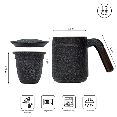 Fosenw Ceramic Tea Mug,Chinese Tea Cup with Lid,Sandalwood Handle and Infuser for Filtering Loose Tea Leaves,12 oz (Bluestone)