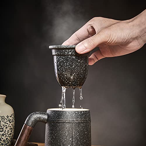 Fosenw Ceramic Tea Mug,Chinese Tea Cup with Lid,Sandalwood Handle and Infuser for Filtering Loose Tea Leaves,12 oz (Bluestone)