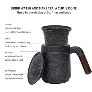 Fosenw Ceramic Tea Mug,Chinese Tea Cup with Lid,Sandalwood Handle and Infuser for Filtering Loose Tea Leaves,12 oz (Bluestone)