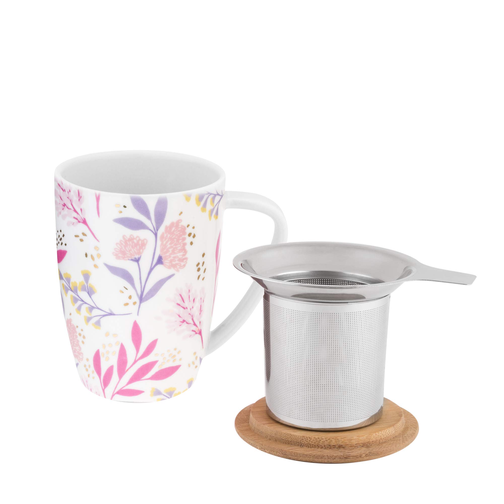 Pinky Up Bailey Ceramic Tea Mug and Loose Leaf Tea Infuser, Loose Leaf Tea Accessories, Tea Tumbler Cup, Botanical Design, 12oz