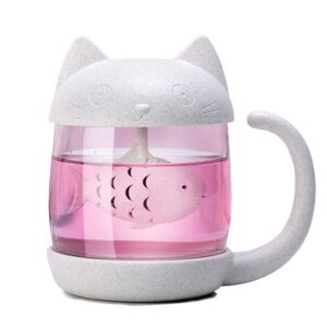 10 oz cat glass cup tea mug with infuser set and lid,glass teas mug with handle,transparent tea cup with fish shaped strainer filter
