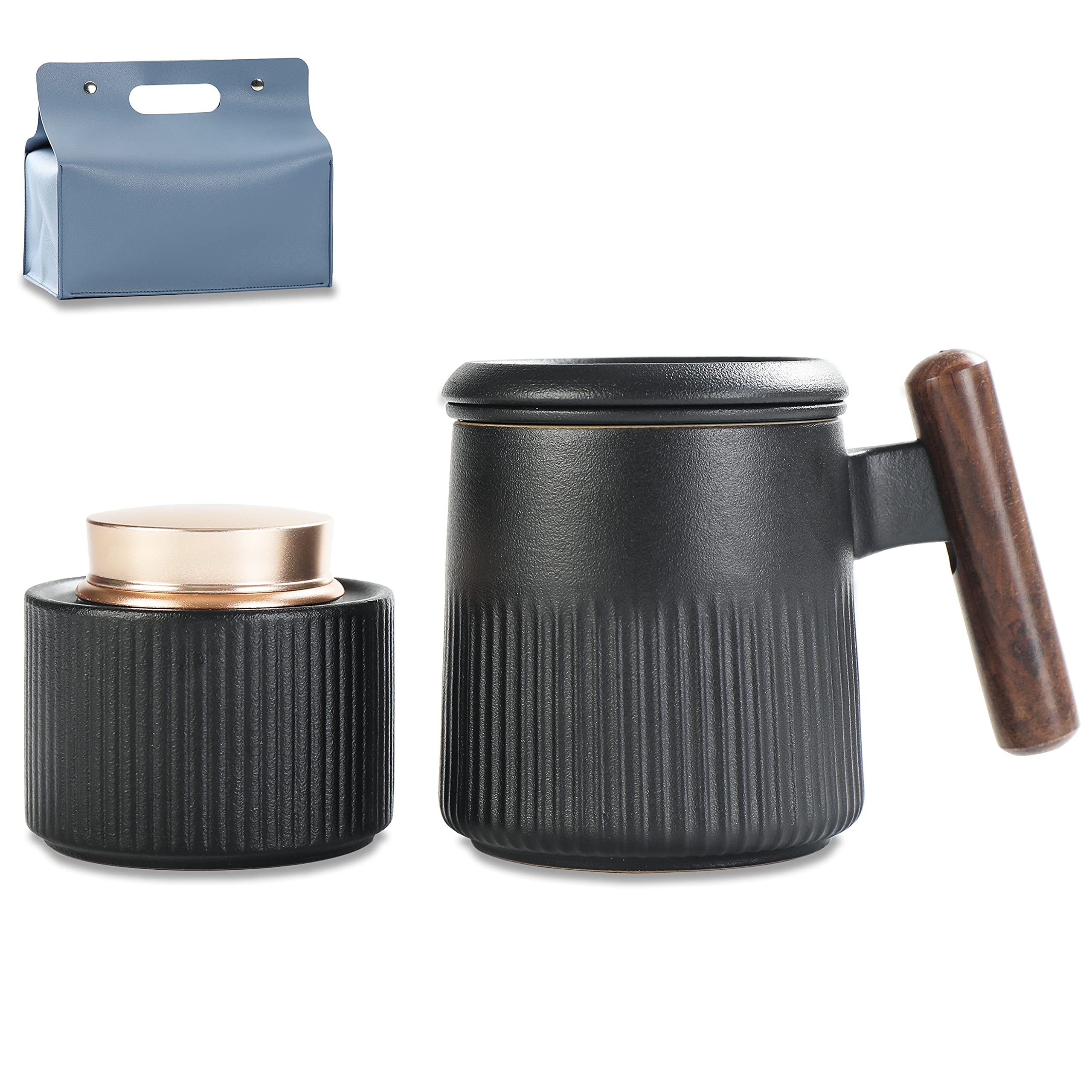 TEANAGOO Ceramic Tea Mug with Infuser and Lid & Matching Tea Canister, 2 Pcs/Set with Luxury Leather Bag, Best Gift Choice for Tea Lover, 12 Oz, Q9, Black, Stoneware Glazed & Rosewood Handle.